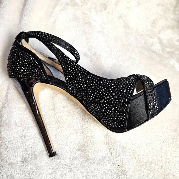 INC Black Rhinestone Embellished Platform Heels With Ankle Strap & Stiletto  Siz - Picture 6 of 12